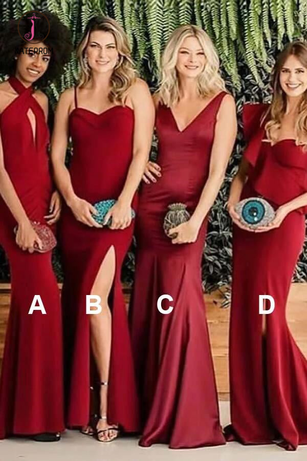 Sexy Mermaid Mismatched Red Satin Long Bridesmaid Dresses, Sheath Prom Dress KPB0171