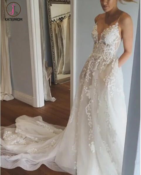 Deep V neck Wedding Dress,Lace Wedding Dress,Spaghetti Straps Beach Wedding Dress KPW0031
