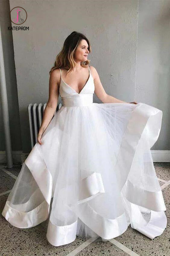 White Sapghetti Straps Beach Wedding Dress, Sexy Simple Boho Wedding Gowns KPW0382