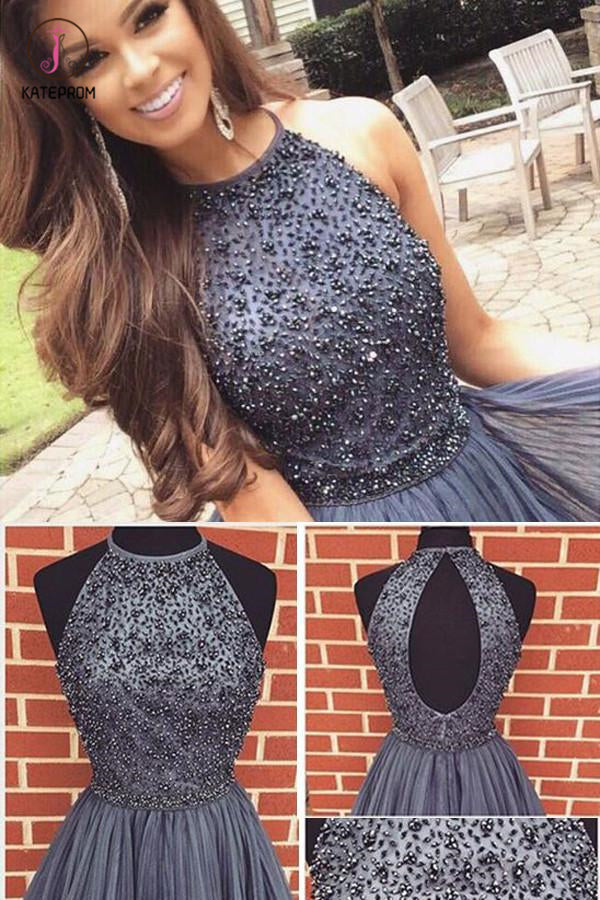 A-line Dark Gray Jewel Sleeveless Beaded Backless Tulle Homecoming Dress,Short Party Dress KPH0251
