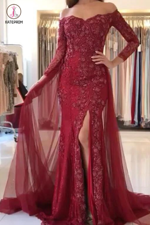 Burgundy Off-the-shoulder 3/4 Sleeves Split Tulle Prom Dresses,Long Formal Gown KPP0267