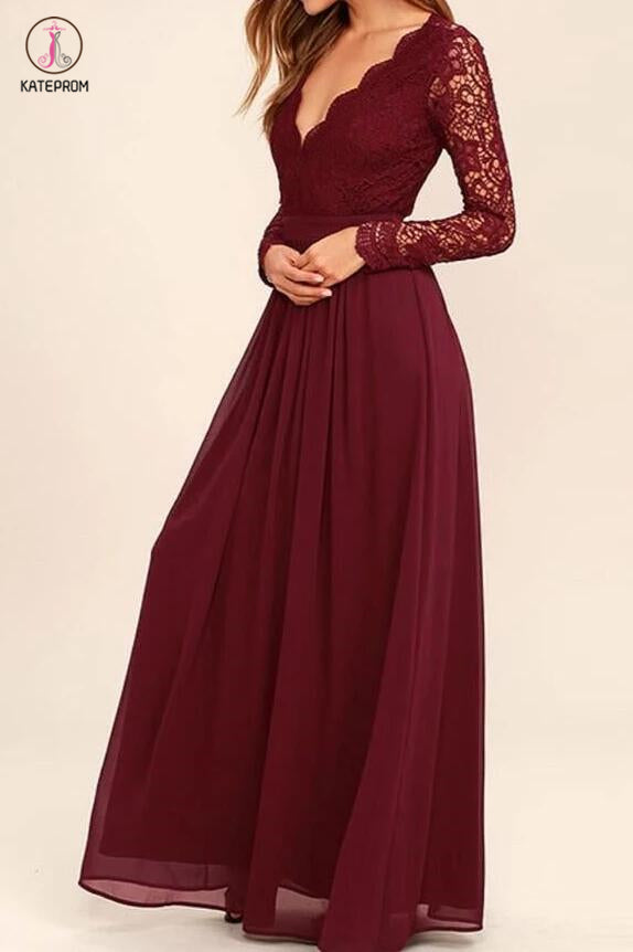 Burgundy Long Sleeve V-neck Backless Lace Top Chiffon Long Bridesmaid Dress,Prom Dress KPB0051