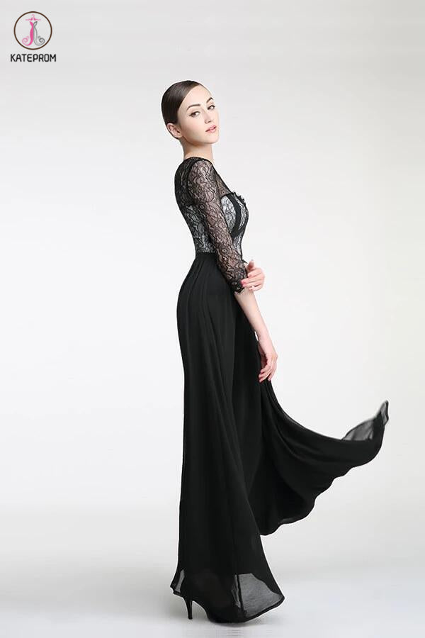 Long Sleeves Black Lace Cap Sleeves Prom Party Dresses KPH0014