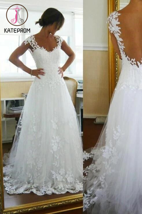 A-Line Lace White Straps Wedding Dresses,See-through Sleeveless Wedding Gowns KPW0041