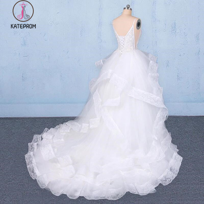 Spaghetti Straps Floor Length Tulle Wedding Dress with Ruffles, Long Bridal Dress KPW0489