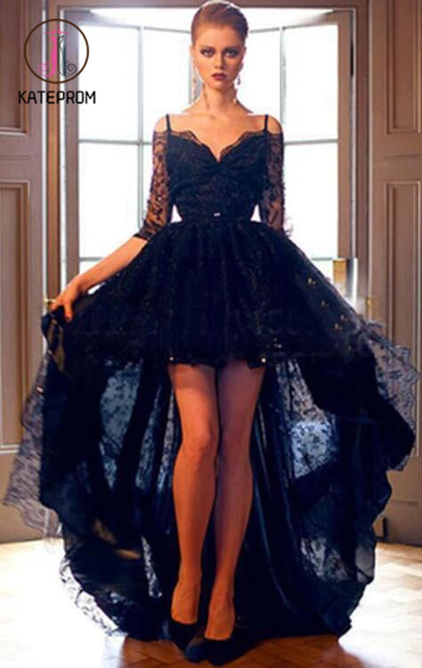 Elegant Black Lace High-low Half Sleeves Prom Dress Evening Dress KPP0129