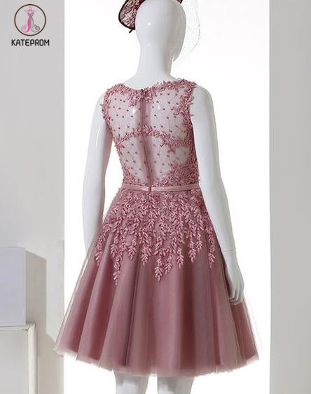 Dusty Pink A-Line Sleeveless Tulle Homecoming Dress,Lace Applique Homecoming Gown KPH0248