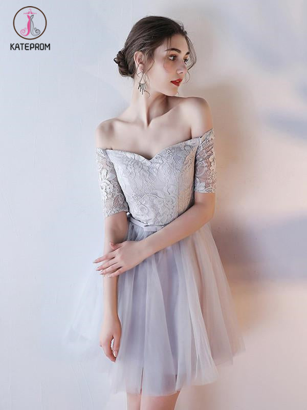 Off-shoulder Homecoming Dress Half Sleeve Lace Tulle Short Prom Dress Graduation Dress KPH0195