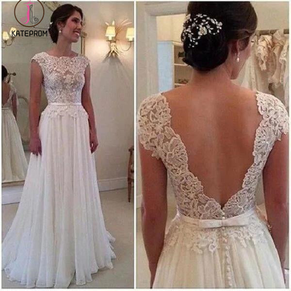A-line Lace Appliqued Cap Sleeves Ivory Chiffon Bridal Dress,Long Beach Wedding Dresses KPW0072