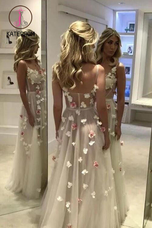 A-line Hand-Made Flower Formal Dress,Sexy Sleeveless Straps Prom Gowns with Flowers KPP0201