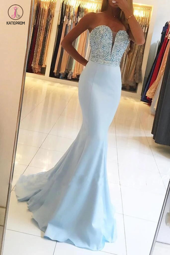 Sexy Light Blue Beading Strapless Long Prom Dresses,Sparkle Mermaid Party Gown KPP0411