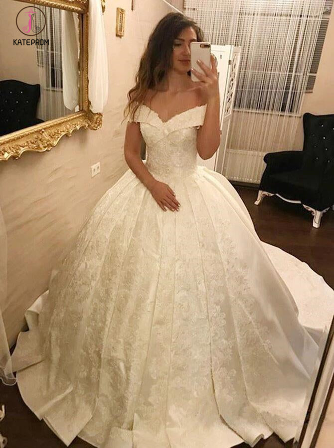 Ivory Ball Gown Off-the-Shoulder Pleated Satin Lace Appliques Wedding Dress KPW0142