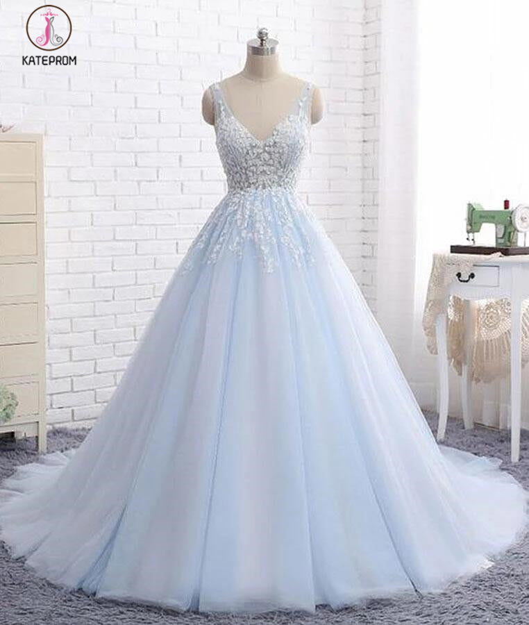 Light Blue V Neck Sleeveless Ball Gown Wedding Dress, Appliqued Tulle Bridal Dresses KPW0248