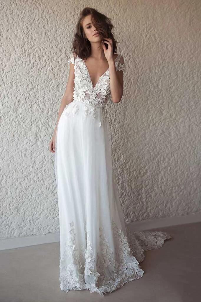 Ivory Cap Sleeve V Neck Wedding Dresses Beach Boho Appliques Bridal Dress KPW0138