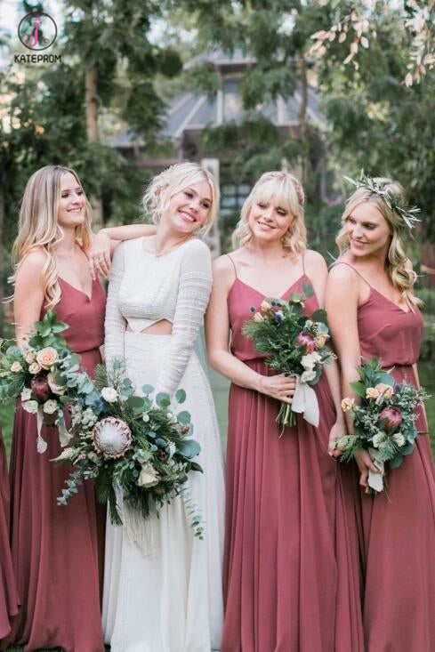 A-Line Spaghetti Straps V-neck Pleated Floor-Length Chiffon Bridesmaid Dress KPB0073