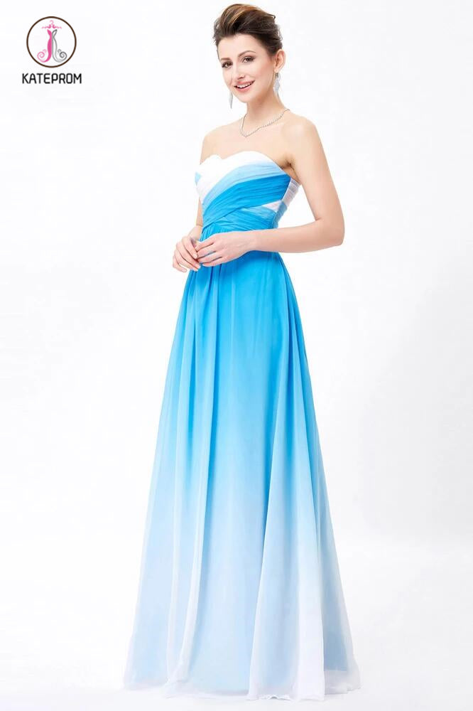 Blue Ombre A-line Sweetheart Pleats Floor Length Bridesmaid Dress,Prom Dress KPB0090