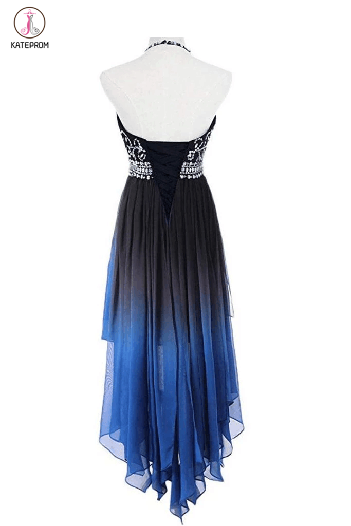 High Low Halter Sleeveless Chiffon Ombre Prom Dress, Beading Ombre Bridesmaid Dress KPB0026
