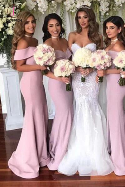 Simple Off-the-shoulder Sheath Sweep Train Split Front Bridesmaid Dresses KPB0166