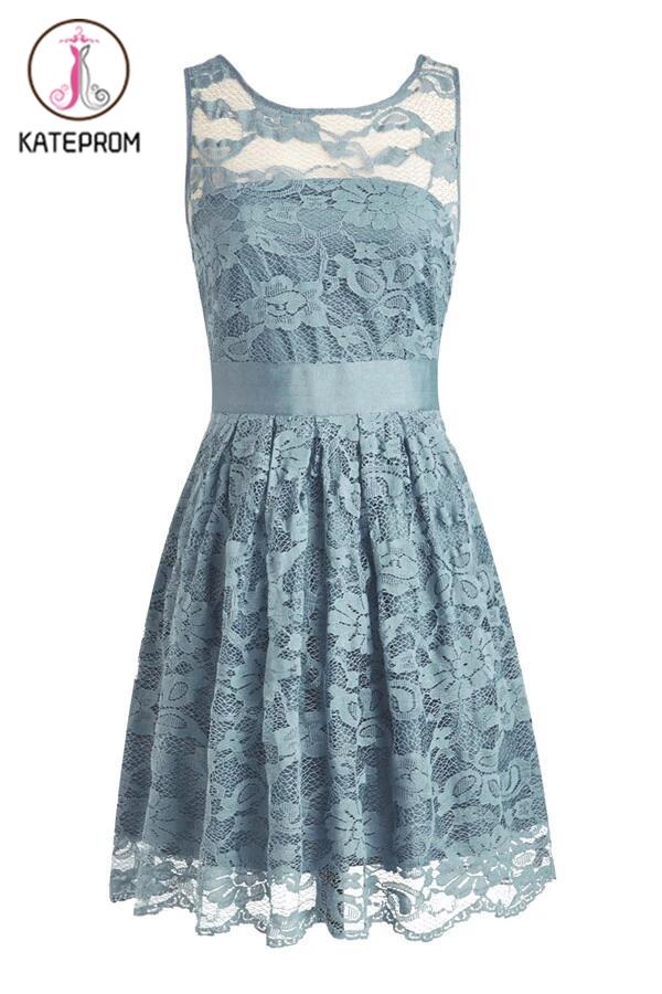 Knee-length Lace Sleeveless Blue Prom/Homecoming Dress KPH0081