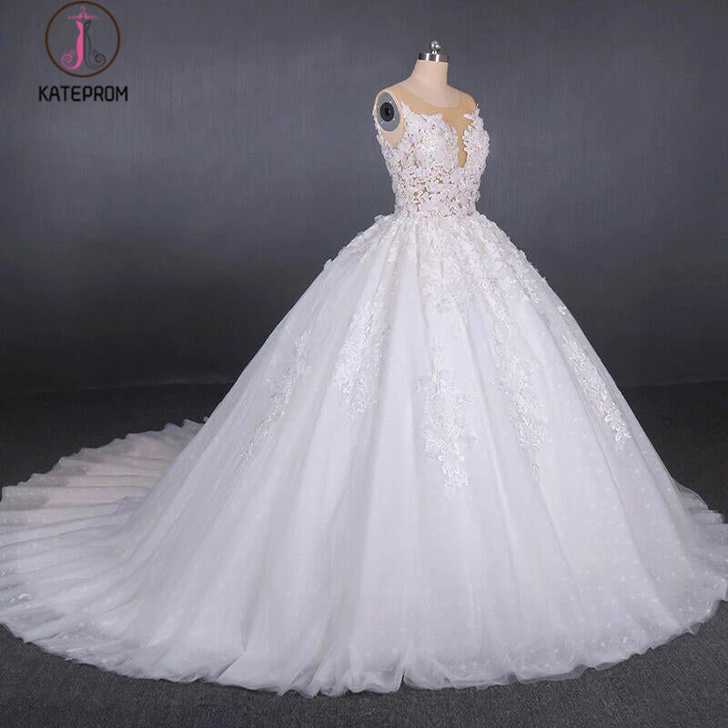 Ball Gown Sheer Neck Sleeveless White Wedding Dresses, Lace Appliqued Bridal Dress KPW0476