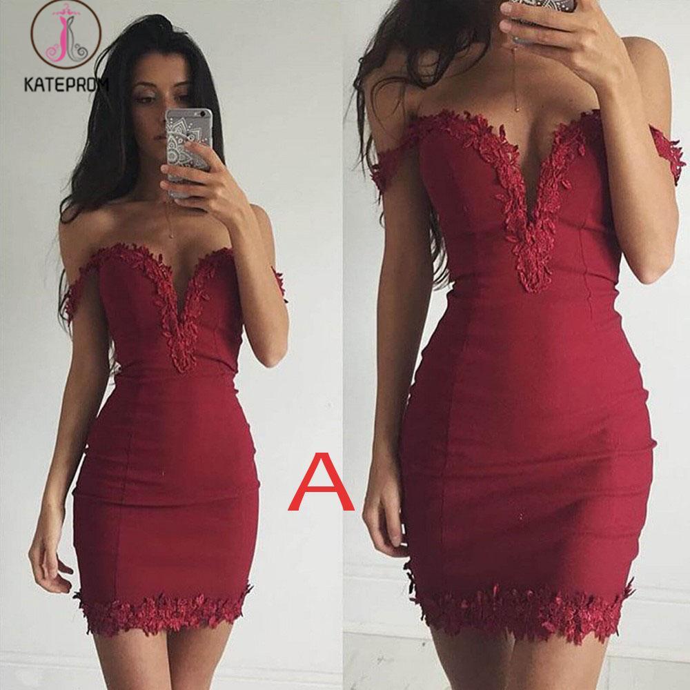 Sheath Burgundy Deep V-neck Off-the-shoulder Homecoming Dresses,Tight Prom Dress KPH0262