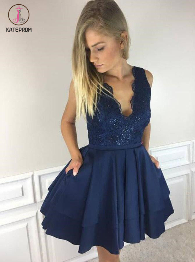 A-Line V-Neck Short Satin Homecoming Dress with Lace Top,Mini Sleeveless Party Dresses KPH0193