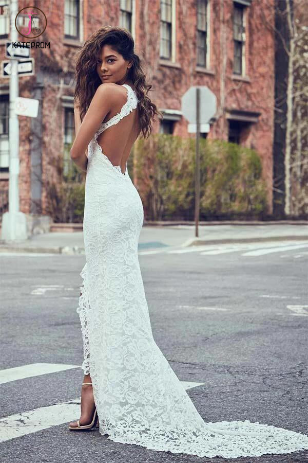 Sexy Mermaid Jewel Lace Backless Wedding Dresses With Court Train,Beach Wedding Dress KPW0081