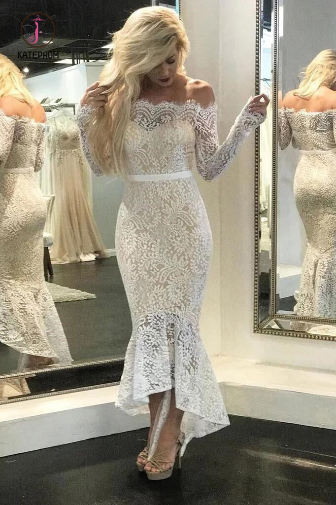 High Low Long Sleeves Mermaid Lace Wedding Dress, Off the Shoulder Lace Bridal Dress KPW0449