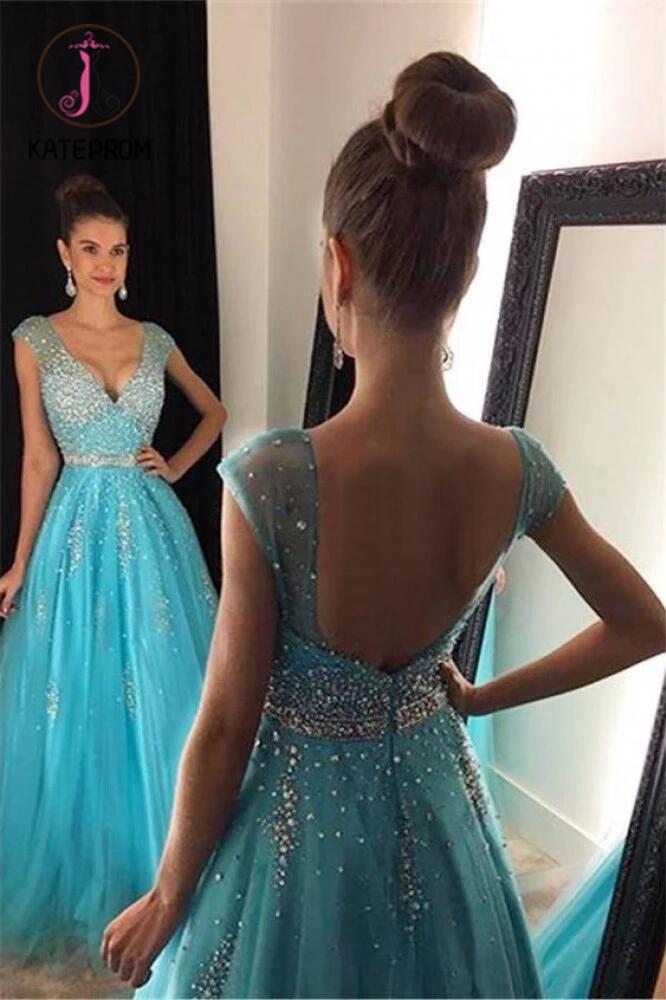 V-neck Cap Sleeves Beading Evening Dress,Sexy Backless Long Tulle Evening Dresses KPP0185