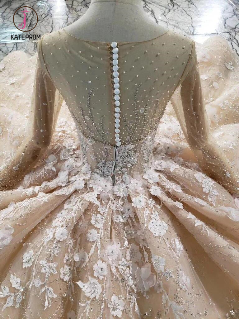 Princess Long Sleeves Ball Gown Wedding Dresses, Puffy Wedding Gown with Beads KPW0336