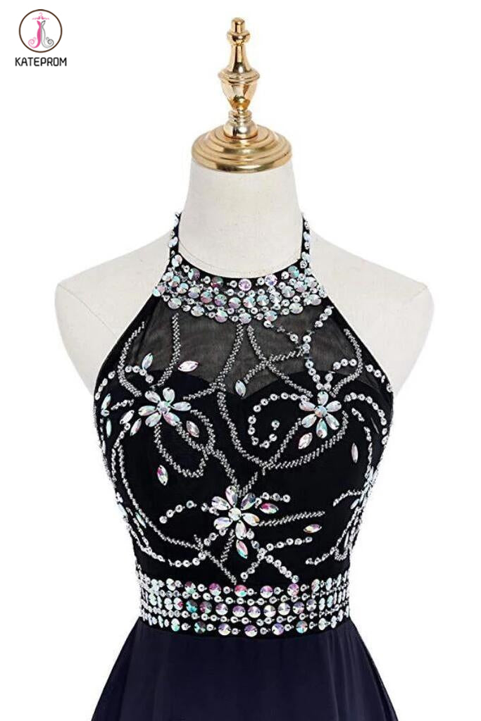 High Low Halter Sleeveless Chiffon Ombre Prom Dress, Beading Ombre Bridesmaid Dress KPB0026