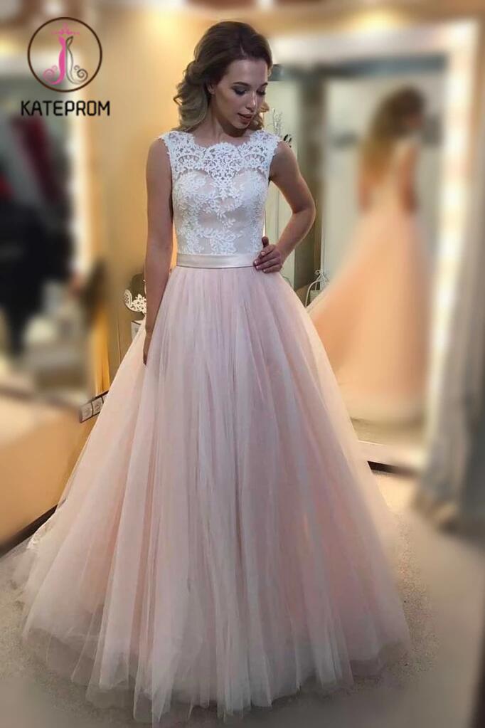 Pink Tulle Princess Prom Dress,A Line Formal Gown With Band,Low Back Prom Dress With Lace KPP0169