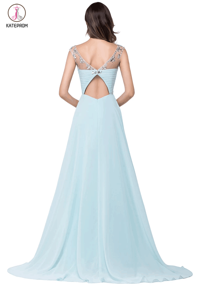 Light Sky Blue Backless Chiffon Long Beaded Prom Dresses KPP0028