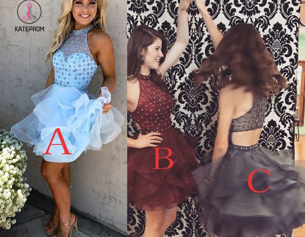 A-Line Light Blue Jewel Sleeveless Beading Mini Tulle Homecoming Dresses,Party Dresses KPH0241