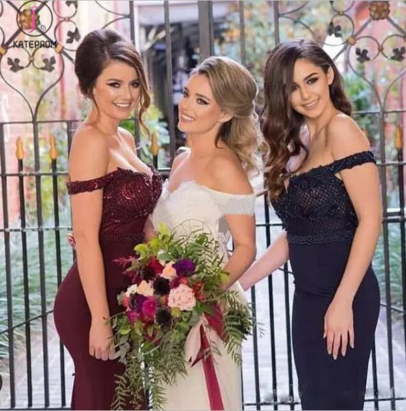 Burgundy Off Shoulder Mermaid Bridesmaid Dress,Sexy V-neck Bridesmaid Dresses KPB0052