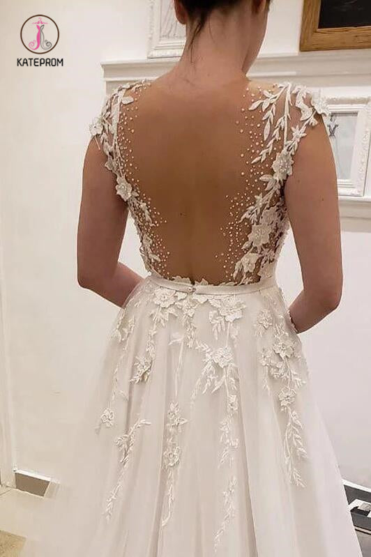 Simple Tulle Lace Illusion Back A-Line Wedding Dresses, A Line V Neck Bridal Dress KPW0384