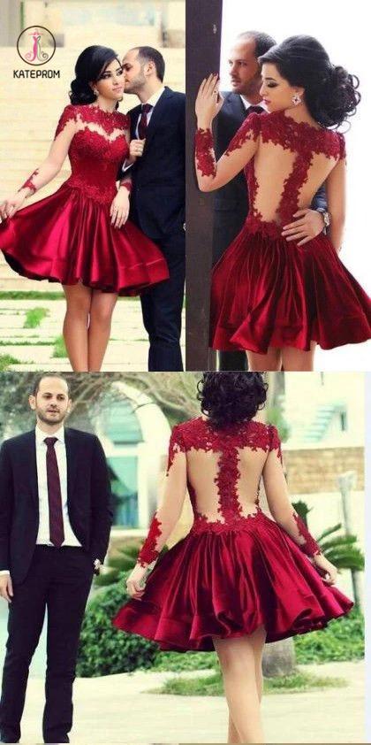 Knee Length Homecoming Dresses with Appliques,See-through Long Sleeve Cocktail Dresses KPH0140