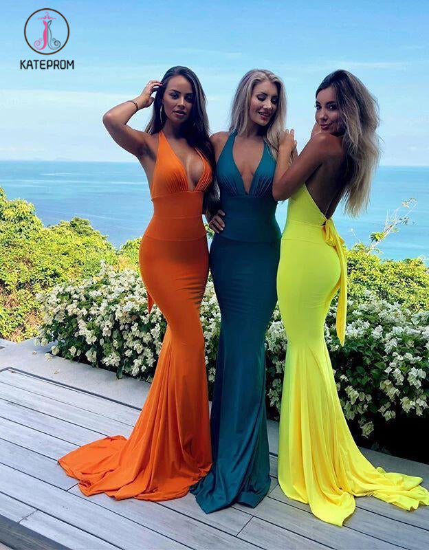 Sexy Deep V-Neck Halter Bridesmaid Dress, Mermaid Bright Backless Long Bridesmaid Dress KPB0176