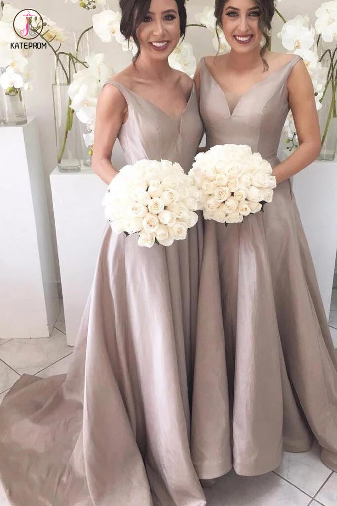 A-line V-neck Backless Sleeveless Taffeta Straps Sweep Train Bridesmaid Dress With Pleats KPB0046