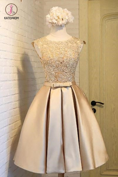 Chic Scoop Applique Satin Ruched Homecoming Dress with Belt,Short Prom Dress,Party Dress KPH0244