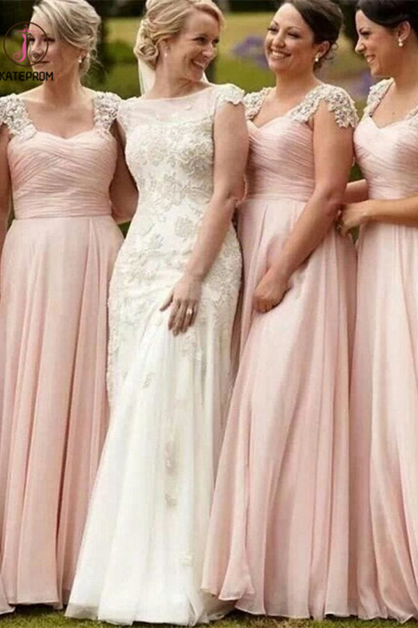 Chic Bridesmaid Dresses A-line V-neck Pearl Pink Long Bridesmaid Dresses KPB0002