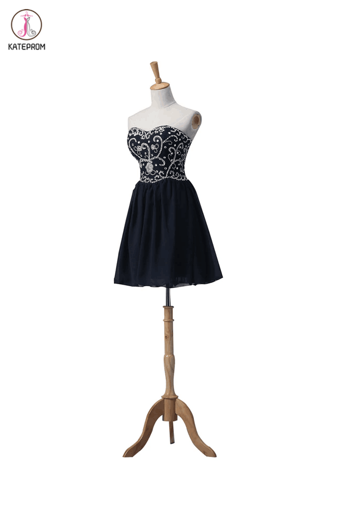 Navy Blue Chiffon Beaded Short Prom\Evening Dresses KPH0005