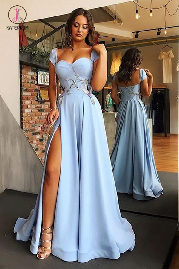 A Line Cap Sleeve Sweetheart Long Split Prom Dress with Appliques, Charming Formal Dress KPP0507