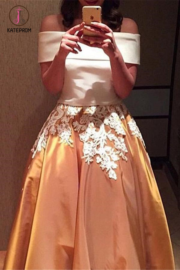 Two Piece Off the Shoulder Prom Dress, Vintage Appliqued Long Formal Dress KPP0518