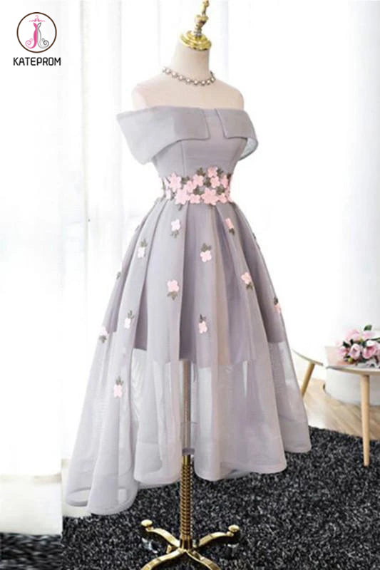 Off-the-Shoulder High Low Homecoming Gown,Tulle Homecoming Dress With Flowers KPH0163