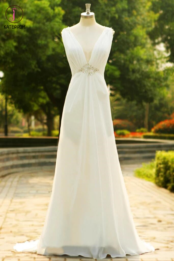 Charming V-Neck Long Chiffon Beach Wedding Dress KPW0010
