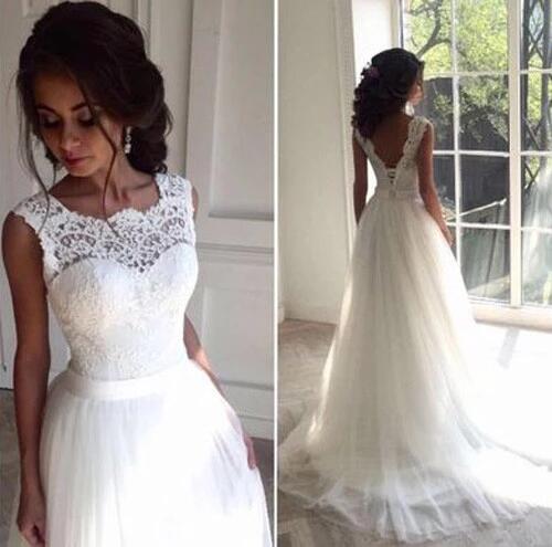 White Sleeveless Wedding Dresses, Sexy Bridal Gowns with Appliques KPW0131