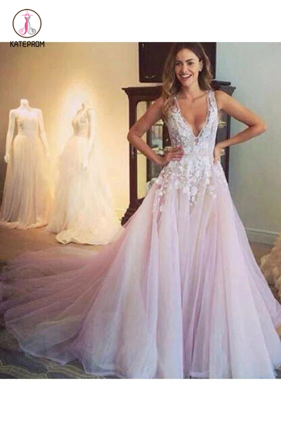 A-line V-neck Light Pink Flower Appliqued Tulle Wedding Dress KPW0020