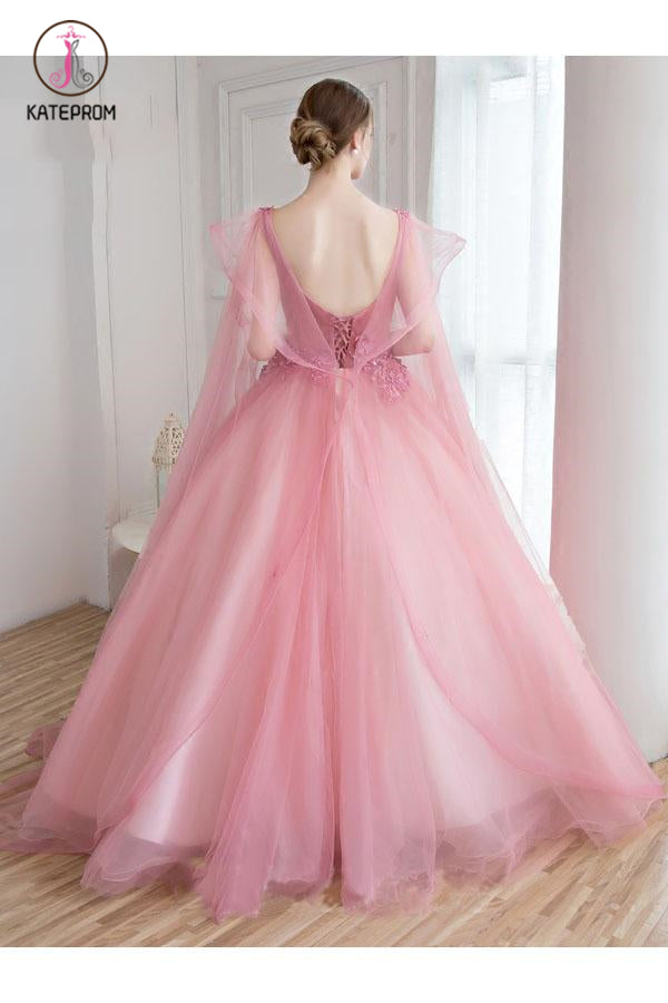Ball Gown V-Neck Appliques Beading Floor-Length Quinceanera Ball Gown Tulle Prom Dress KPP0591