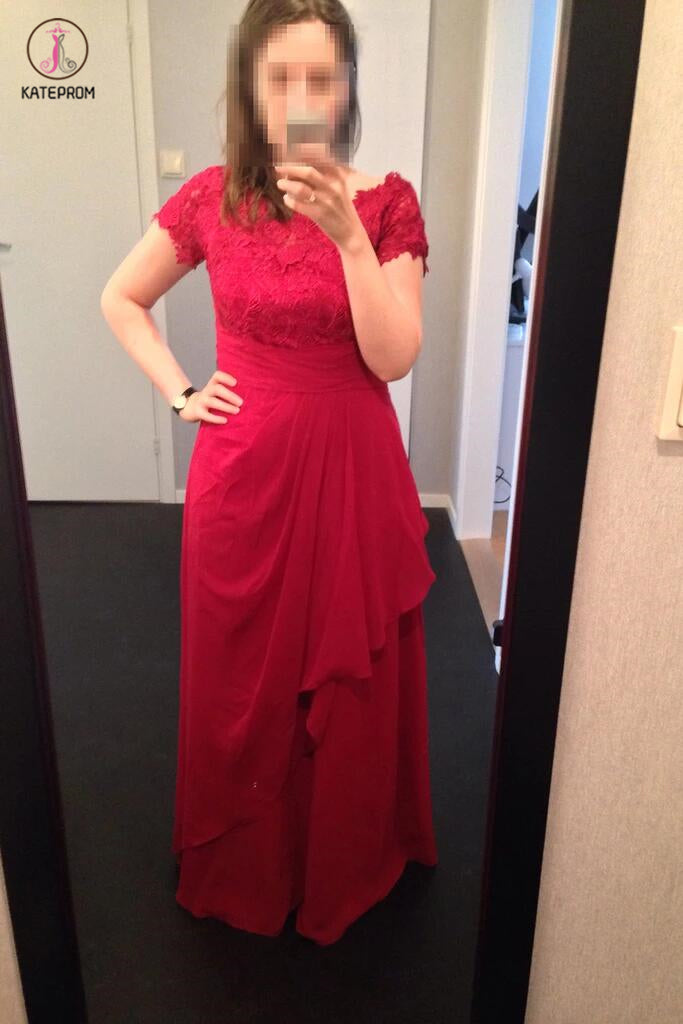 A-Line Floor-Length Chiffon Lace Appliques Mother of the Bride Dress With Cascading Ruffles KPM0003